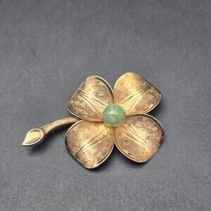 Vintage Winard 12K Gold Filled Flower Brooch Nephrite Jade